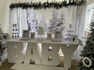 Winter wonderland themed baby shower set up